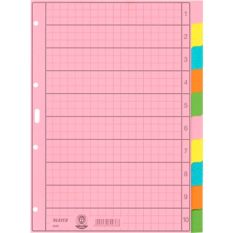 Leitz Papierregister Blanko 4340, DIN A4, 5-farbig, bedruckbares Recyclingpapier