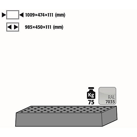 Lochblecheinsatz Standard für asecos Sicherheitsschränke der Q30, Q90 und S90 Serie, Stahlblech, lichtgrau, B 1009 x T 474 x H 111 mm, bis 75 kg