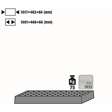 Lochblecheinsatz Standard für asecos Sicherheitsschränke der Q30, Q90 und S90 Serie, Stahlblech, lichtgrau, B 1017 x T 482 x H 66 mm, bis 75 kg