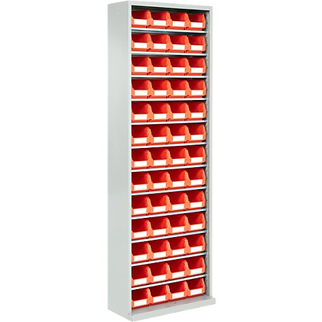 Magazinregal, 1980 mm hoch, 12 Böden, 52 Kästen, hellsilber