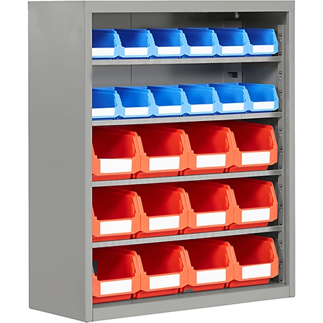 Magazinregal, 830 mm hoch, 4 Böden, 24 Kästen, weißalu