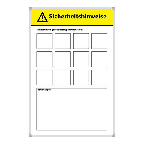 Magnettafel Hygienehinweise, 12 gelbe Magnete, beschreibbar, Stahlblech/Aluminium, weiß, B 300 x H 450 mm