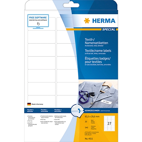 Namens- und Textiletiketten Herma, A4, 63,5 x 29,6 mm, weiß, ohne Streifen, 540 Stück