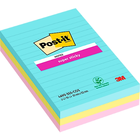 Post-it® Haftnotizen Super Sticky XL Notes Cosmic, 101 x 152 mm, farbig & liniert, 3 Blöcke á 90 Blatt