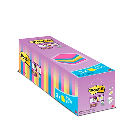 Post-it® Super Sticky Notes 654SE24P Sparpaket, 76 x 76 mm, 24 x 90 Blatt, farbsortiert, blanko
