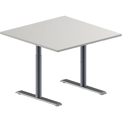 Schäfer Shop Genius Besprechungstisch MODENA FLEX, Quadrat, T-Fuß Rundrohr, B 1000 x T 1000 x H 650-850 mm, lichtgrau/weißaluminium RAL 9006
