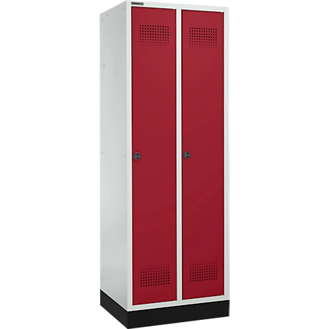 Schäfer Shop Genius Kleiderspind mit Sockel, 2 Abteile, 300 mm Abteilbreite, Sicherheitsdrehriegelverschluss, lichtgrau/rubinrot
