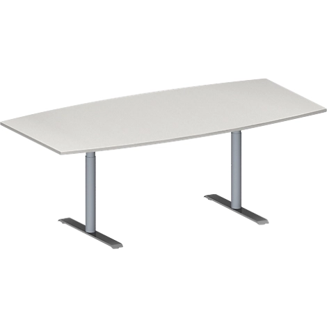 Schäfer Shop Genius Konferenztisch MODENA FLEX, Boot, T-Fuß Rundrohr, B 2000 x H 650-850 mm, lichtgrau/weißaluminium RAL 9006