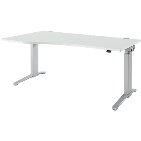Schäfer Shop Genius Schreibtisch PLANOVA ERGOSTYLE, elektrisch höhenverstellbar, Freiform, Ansatz links, C-Fuß, B 1800 mm, lichtgrau/weißalu