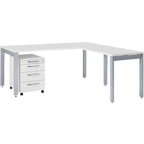 Schäfer Shop Select Komplettset LOGIN, 4-Fuß Schreibtisch 1800 mm, 4-Fuß Anbautisch, Rollcontainer, lichtgrau