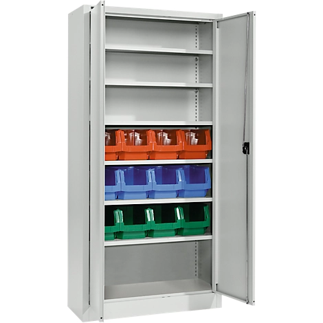 Schäfer Shop Select Materialschrank MSI 2409, mit 12 Kästen LF 322, 6 Fachböden, B 950 x T 400 x H 1935 mm, Stahl, lichtgrau