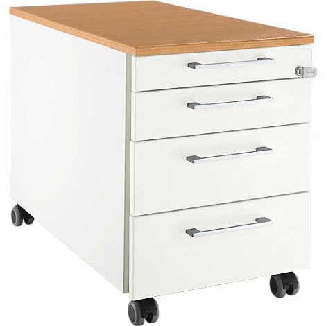 Schäfer Shop Select Rollcontainer 1233, 3 Schübe & 1 Utensilienauszug, Griff eckig, weiß/Buche-Dekor