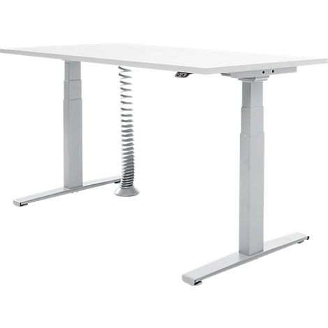 Schäfer Shop Select Schreibtisch, elektrisch höhenverstellbar, T-Fuß, B 1600 x T 800 x H 645-1290 mm, lichtgrau/weißaluminium + Kabelspirale