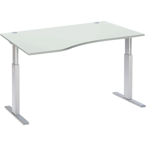 Schäfer Shop Select Schreibtisch ERGO-T, elektrisch höhenverstellbar, Freiform, Ansatz links, T-Fuß, B 1800 x H 725-1185 mm, lichtgrau/weißalu