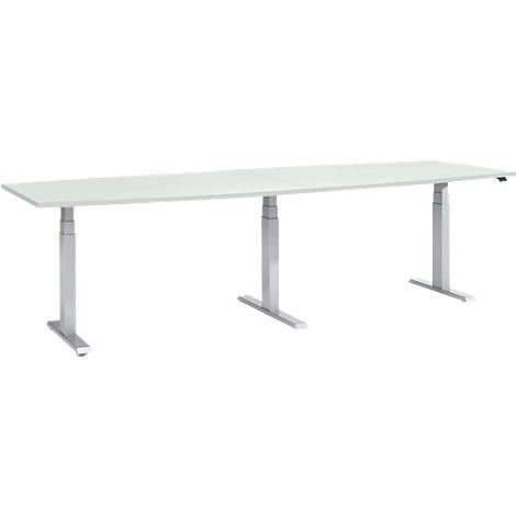 Schäfer Shop Select Tisch, elektrisch höhenverstellbar, Boot, T-Fuß, B 2800 x H 640-1300 mm, lichtgrau/weißaluminium