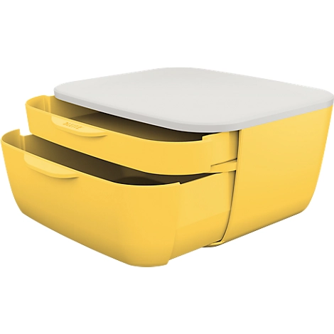 Schubladenbox Leitz® Cosy, lebensmittelecht, für A4 und A5, 2 Schübe, mit Gummifüßchen, B 251 x T 275 x H 143 mm, gelb