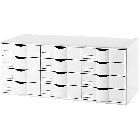 Schubladenbox Paperflow, Format A4, 12 Schübe mit geschlossener Front, Griffmulde & Etikettenhalter, Etiketten, B 857 x T 342 x H 350 mm, PS, weiß
