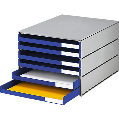 Schubladenbox Styro Styroval, für Formate bis C4, 6 offene Schübe, Recyclingmaterial, blau/grau