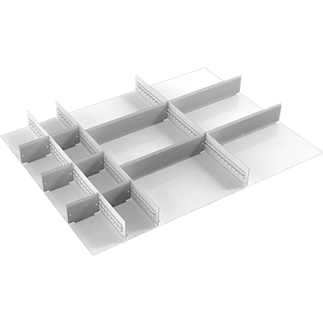 Schubladeneinsatz Treston, 3 Unterteiler & 10 Mittelplatten, B 900 mm, für Serie 90 mit H 75 mm