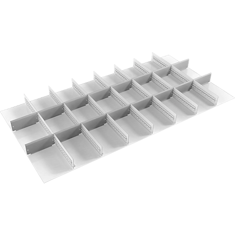 Schubladeneinsatz Treston, 7 Unterteiler & 16 Mittelplatten, B 1300 mm, für Serie 130 mit H 75 mm