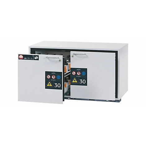 Sicherheitsunterbauschrank Typ 30 asecos UB-S-30, 2 Schubladen, Front Lichtgrau, B 1102 x T 574 x H 600 mm