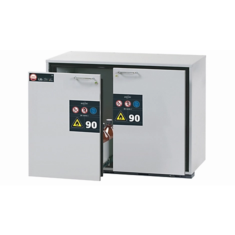 Sicherheitsunterbauschrank Typ 90 asecos UB-S-90, 2 Schubladen, Front Lichtgrau, B 1102 x T 600 x H 800 mm