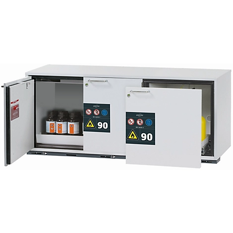 Sicherheitsunterbauschrank Typ 90 asecos UB-ST-90, 1 Schublade, 2 Flügeltüren, Front Lichtgrau, B 1402 x T 574 x H 600 mm