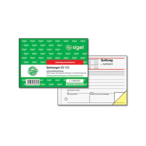 Sigel Quittungsformular SD122, mit MwSt., DIN A6 quer, 2 x 50 Blatt