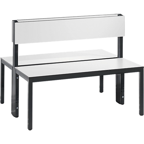 Sitzbank Basic Plus, 2-seitig, Rückenlehne, ohne Schuhrost, 4-Fußgestell schwarzgrau RAL 7021, B 1000 mm, Dekor weiß