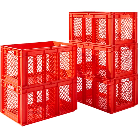 Sparset 5-teilig Euro Box Serie EF 6321, PP, Inhalt 63,7 l, bis 20 kg, durchbrochene Wände, Durchfassgriff, rot