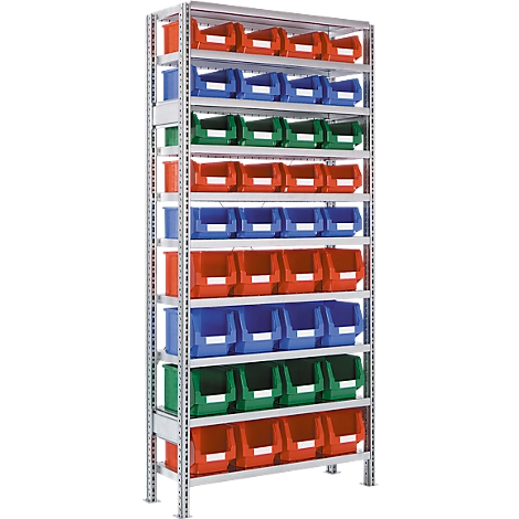 Steckregal R 3000, Komplettregal 1,055 m, 1 Grundregal inkl. 10 Böden und 36 Kunststoffkästen