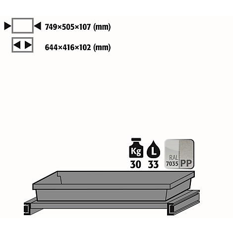 Tablarauszug Abz für asecos Chemikalienschränke der CS und CX Serie, Stahlblech/Polypropylen, lichtgrau, B 749 x T 505 x H 107 mm, 22 l, bis 30 kg