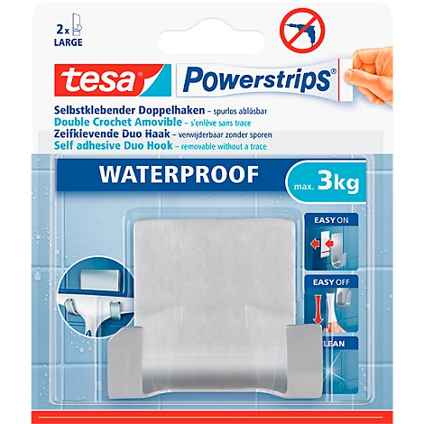 tesa Powerstrips Waterproof Duohaken Zoom, aus Edelstahl, für Feuchträume, max. 3 kg