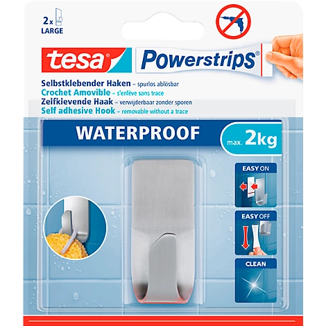 tesa Powerstrips Waterproof Haken Zoom, aus Edelstahl, für Feuchträume, max. 2 kg