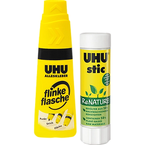 UHU Kleber-Sparset, 1x Klebestift 8,2 g, 1x Alleskleber Flinke Flasche 35 g, lösungsmittelfrei