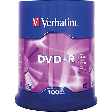 Verbatim® DVD+R, bis 16fach, 4,7 GB/120 min, 100er-Spindel