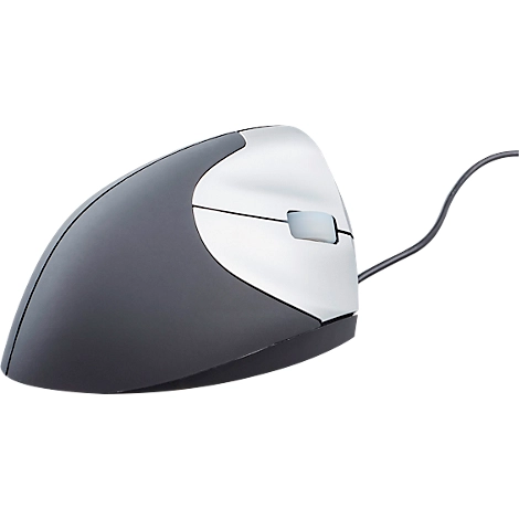 Vertikalmaus BakkerElkhuizen Handshake Mouse, kabelgebunden, für Rechtshänder, ergonomisch, 2 Tasten & Scrollrad, 400-3200 dpi, schwarz-silber