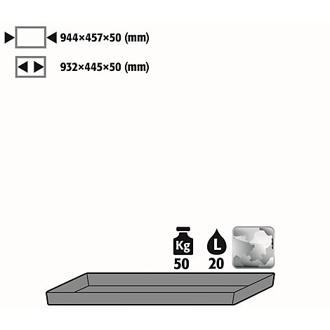 Wannenboden Standard für asecos Chemikalienschränke, Stahlblech, B 944 x T 457 x H 50 mm, 20 l, bis 50 kg