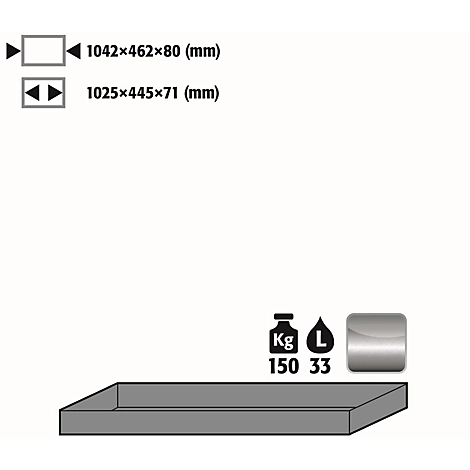Wannenboden Standard für asecos Sicherheitsschränke der Q30, Q90 und S90 Serie, Edelstahl 1.4016, B 1042 x T 462 x H 80 mm, 33 l, bis 150 kg