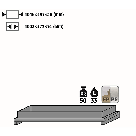 Wannenboden Standard für asecos Sicherheitsschränke der Q30, Q90 und S90 Serie, Polypropylen, grau, B 955 x T 485 x H 112 mm, 33 l, bis 50 kg