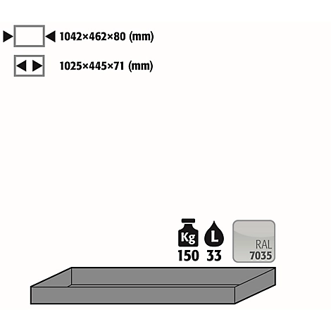 Wannenboden Standard für asecos Sicherheitsschränke der Q30, Q90 und S90 Serie, Stahlblech, lichtgrau, B 1042 x T 462 x H 80 mm, 33 l, bis 150 kg