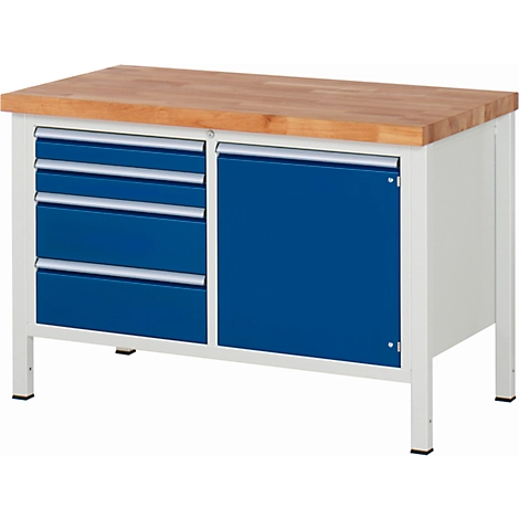 Werkbank Serie 8470, 4 Schubladen, 1 Fachboden mit Tür, B 1250 x T 700 x H 840-1040 mm