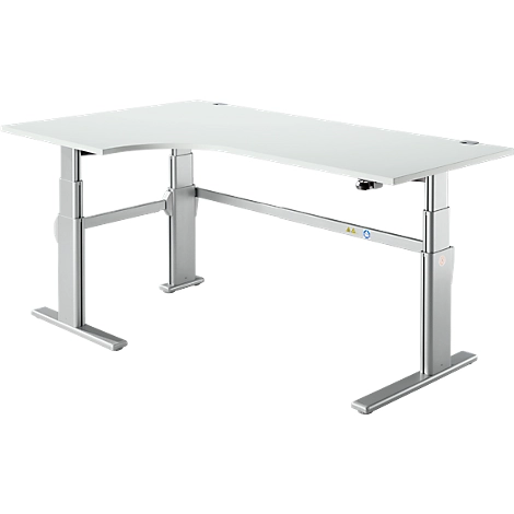 Winkelschreibtisch Komfort, elektrisch höhenverstellbar, 90° Winkel links, C-Fuß, B 2000 x T 1200/800 x H 655-1305 mm, lichtgrau/weißalu