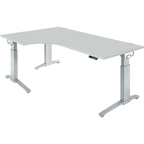 Winkelschreibtisch PLANOVA ERGOSTYLE, elektr. höhenverstellbar, 90° Winkel links, B 2000 x H 715-1182 mm, lichtgrau/weißalu + Memory Master