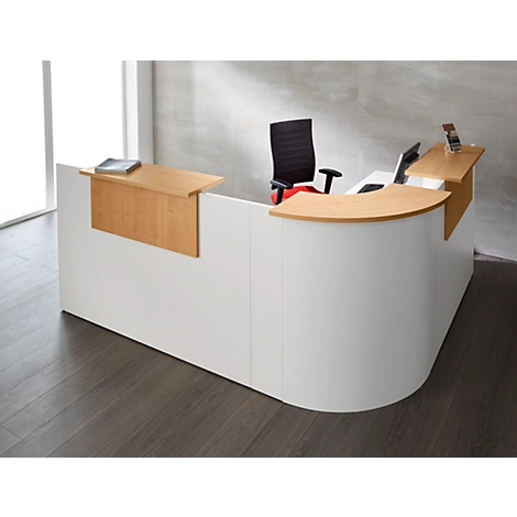 Winkeltheke Come-In, rund, L 2125 x B 2525 mm, weiß, 3 Ablagen in Buche-Dekor, Eckelement weiß